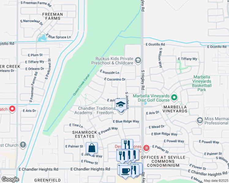 map of restaurants, bars, coffee shops, grocery stores, and more near 3024 East Eleana Court in Gilbert