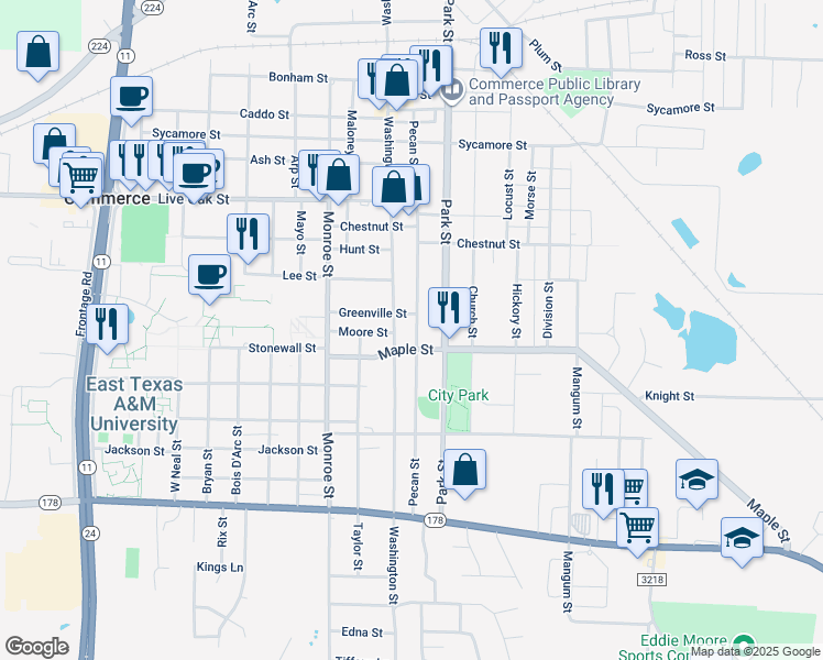 map of restaurants, bars, coffee shops, grocery stores, and more near 2007 Pecan Street in Commerce