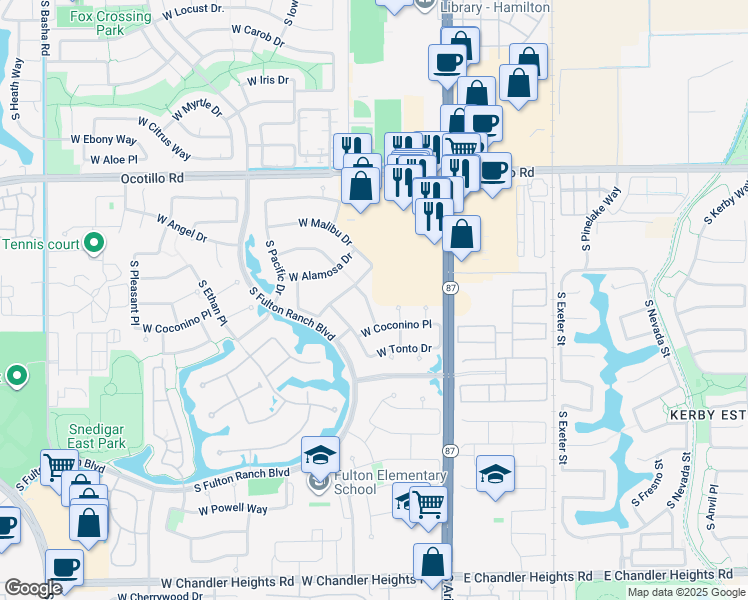 map of restaurants, bars, coffee shops, grocery stores, and more near 4291 South California Street in Chandler
