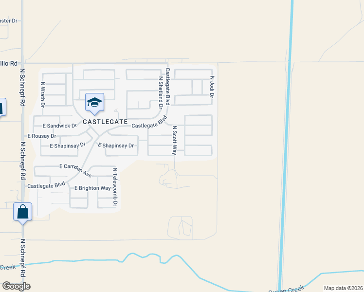 map of restaurants, bars, coffee shops, grocery stores, and more near 40072 North Lerwick Drive in Queen Creek