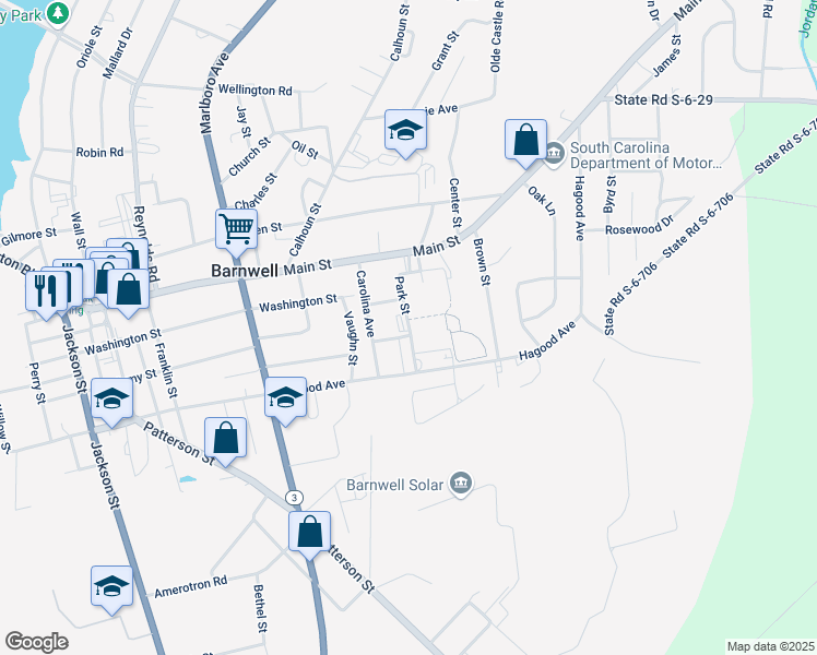map of restaurants, bars, coffee shops, grocery stores, and more near 123 Park Street in Barnwell