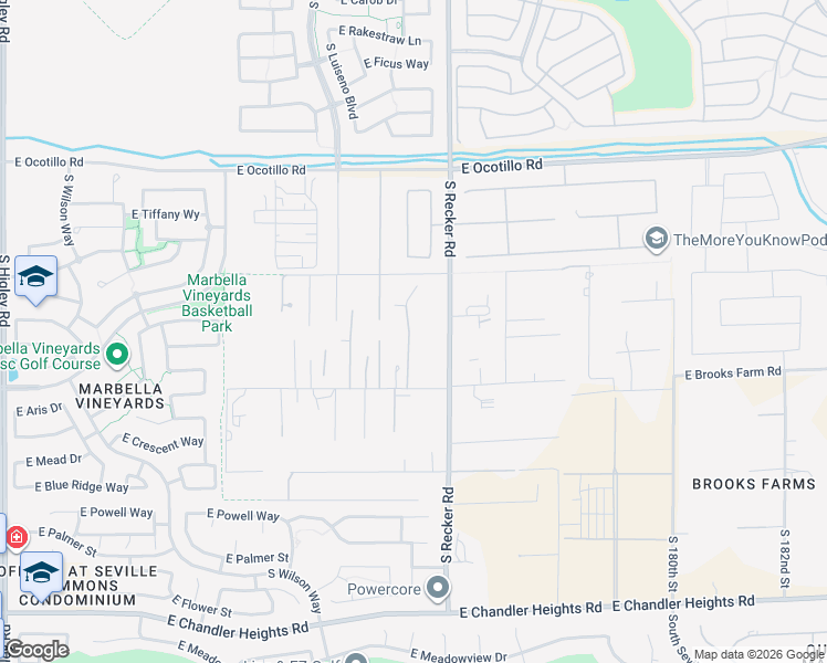 map of restaurants, bars, coffee shops, grocery stores, and more near 17528 East Brooks Farm Road in Gilbert