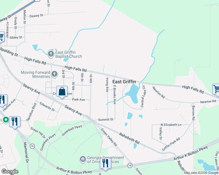 map of restaurants, bars, coffee shops, grocery stores, and more near 220 Irving Avenue in Griffin