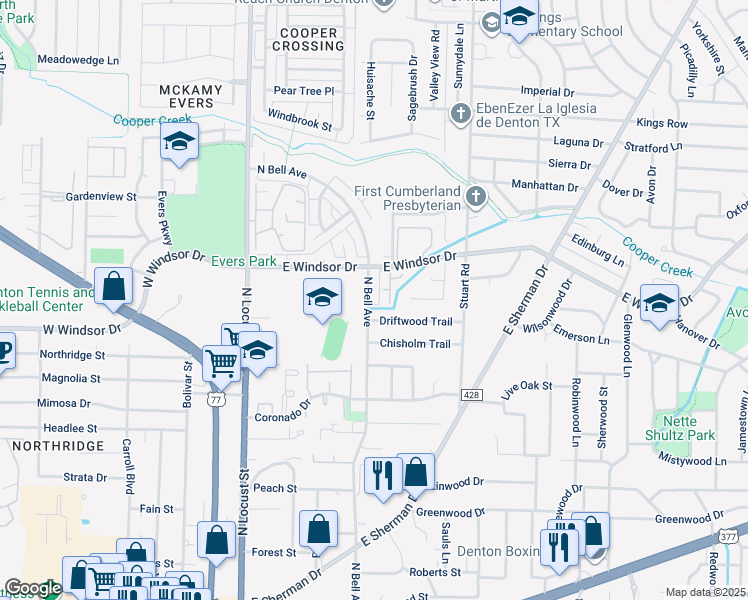 map of restaurants, bars, coffee shops, grocery stores, and more near 3004 North Bell Avenue in Denton