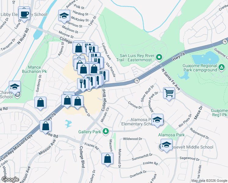 map of restaurants, bars, coffee shops, grocery stores, and more near 5013 Caspian Drive in Oceanside
