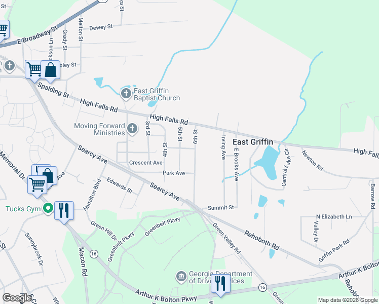 map of restaurants, bars, coffee shops, grocery stores, and more near 34 Cherokee Avenue in Griffin