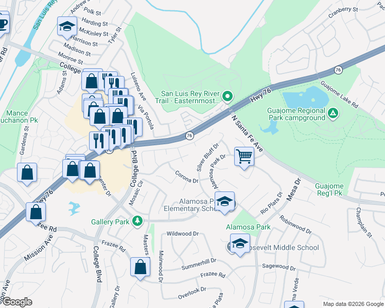 map of restaurants, bars, coffee shops, grocery stores, and more near 5064 Palermo Drive in Oceanside