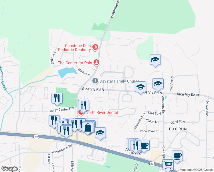 map of restaurants, bars, coffee shops, grocery stores, and more near 828 Rice Valley Road North in Tuscaloosa