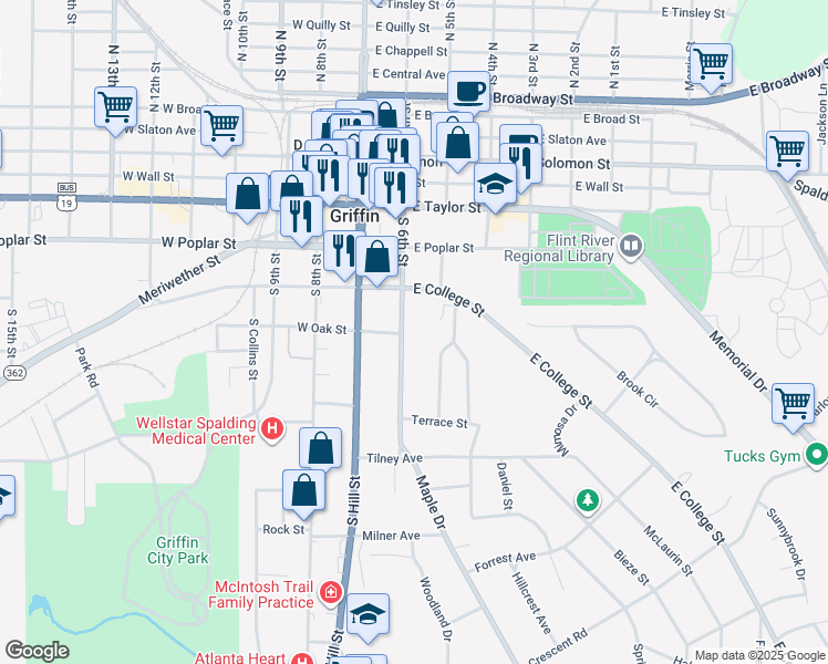 map of restaurants, bars, coffee shops, grocery stores, and more near 435 South 6th Street in Griffin