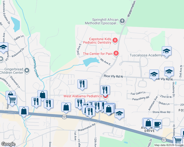 map of restaurants, bars, coffee shops, grocery stores, and more near 7 Indian Bend Circle in Tuscaloosa