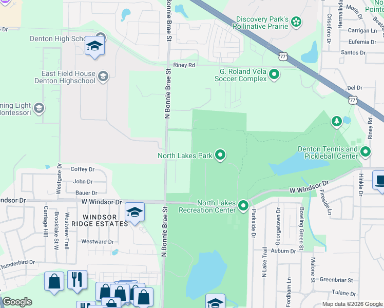 map of restaurants, bars, coffee shops, grocery stores, and more near 3018 North Bonnie Brae Street in Denton