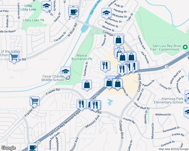 map of restaurants, bars, coffee shops, grocery stores, and more near 242 Flame Tree Place in Oceanside