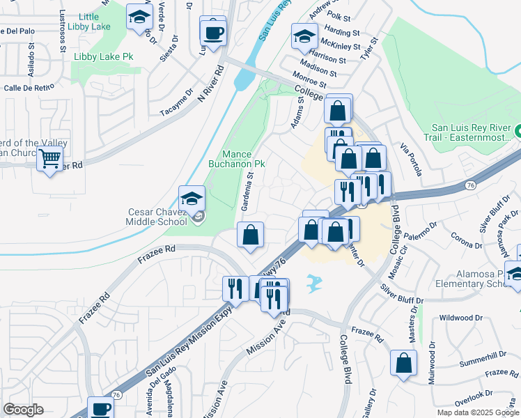 map of restaurants, bars, coffee shops, grocery stores, and more near 4741 Sequoia Place in Oceanside