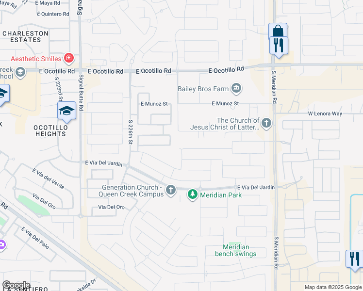 map of restaurants, bars, coffee shops, grocery stores, and more near 22834 East Silver Creek Lane in Queen Creek