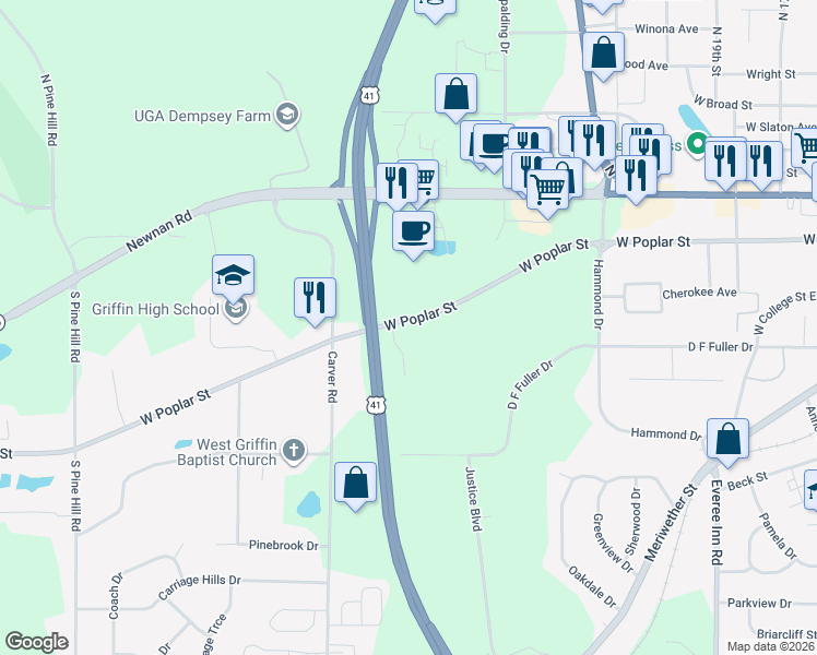 map of restaurants, bars, coffee shops, grocery stores, and more near 1548 Georgia 16 in Griffin