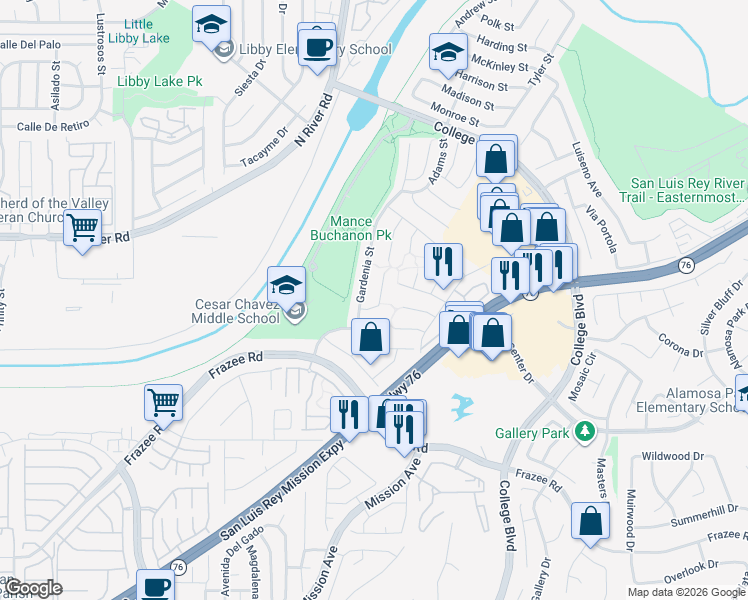 map of restaurants, bars, coffee shops, grocery stores, and more near 4740 Sequoia Place in Oceanside