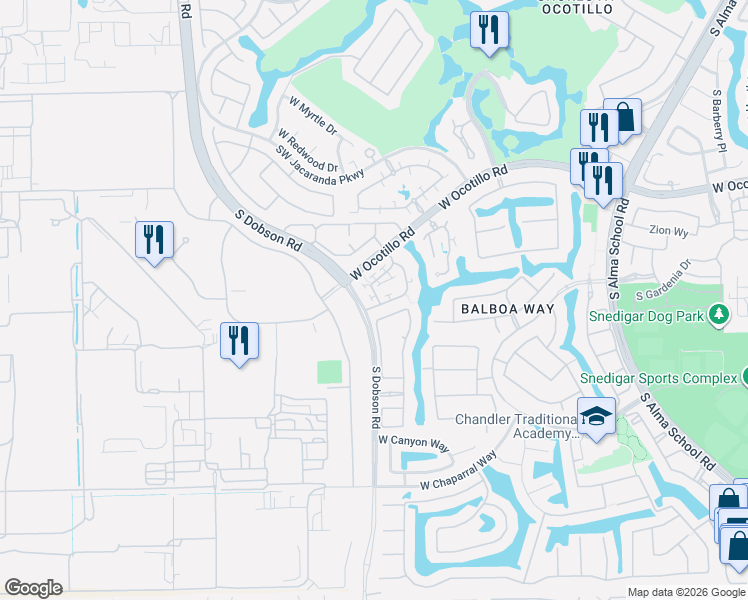 map of restaurants, bars, coffee shops, grocery stores, and more near 4140 South Greythorne Way in Chandler