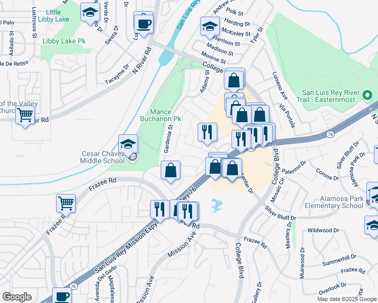 map of restaurants, bars, coffee shops, grocery stores, and more near 242 Flame Tree Place in Oceanside