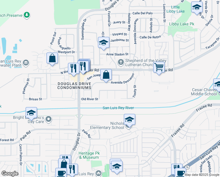 map of restaurants, bars, coffee shops, grocery stores, and more near 4464 Old River Street in Oceanside
