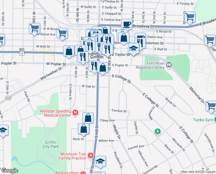 map of restaurants, bars, coffee shops, grocery stores, and more near 435 South 6th Street in Griffin