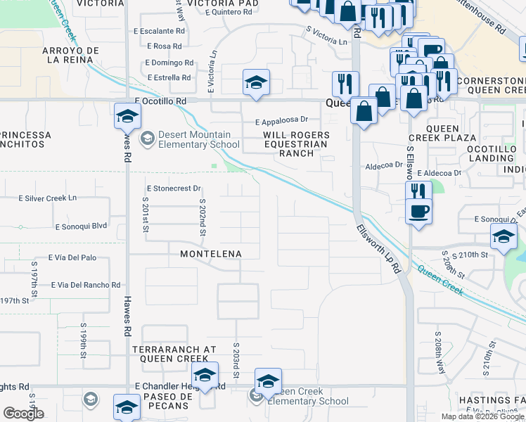 map of restaurants, bars, coffee shops, grocery stores, and more near 22593 South 204th Street in Queen Creek