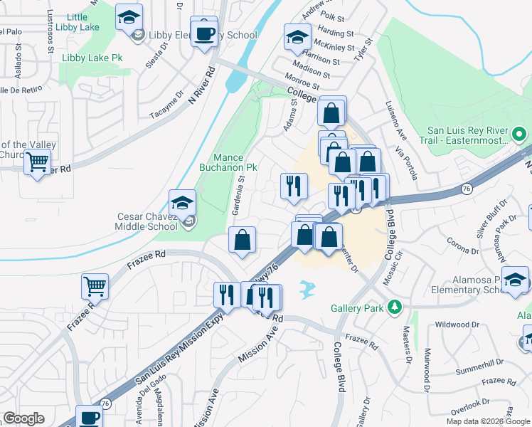 map of restaurants, bars, coffee shops, grocery stores, and more near 238 Flame Tree Place in Oceanside
