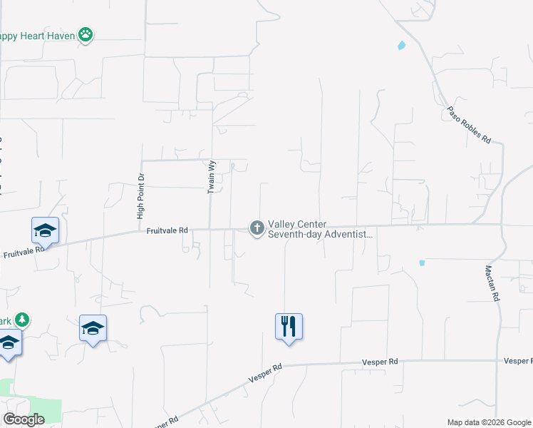 map of restaurants, bars, coffee shops, grocery stores, and more near 14946 Fruitvale Road in Valley Center