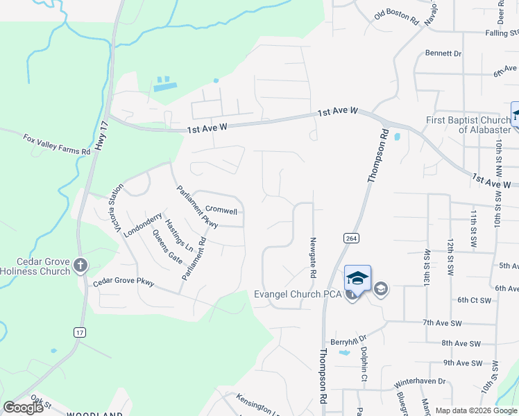 map of restaurants, bars, coffee shops, grocery stores, and more near 109 Kingsley Circle in Alabaster