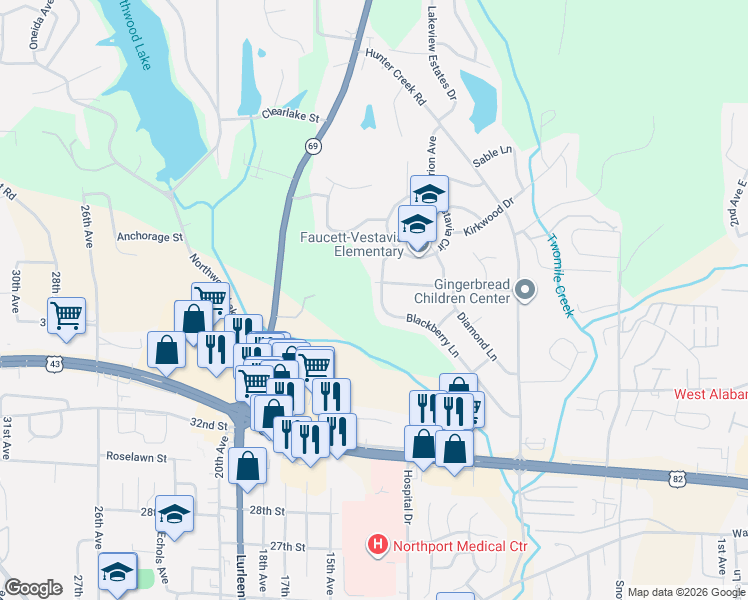 map of restaurants, bars, coffee shops, grocery stores, and more near 3832 Blackberry Lane in Northport