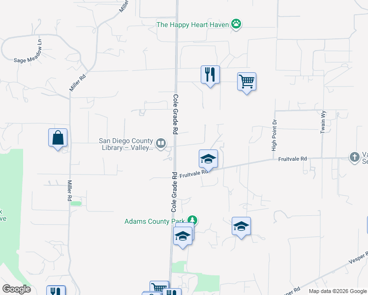 map of restaurants, bars, coffee shops, grocery stores, and more near 29209 Cole Grade Road in Valley Center
