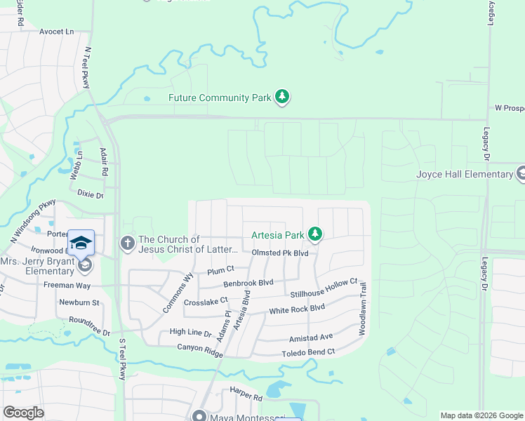 map of restaurants, bars, coffee shops, grocery stores, and more near 16304 Bidwell Park Drive in Prosper