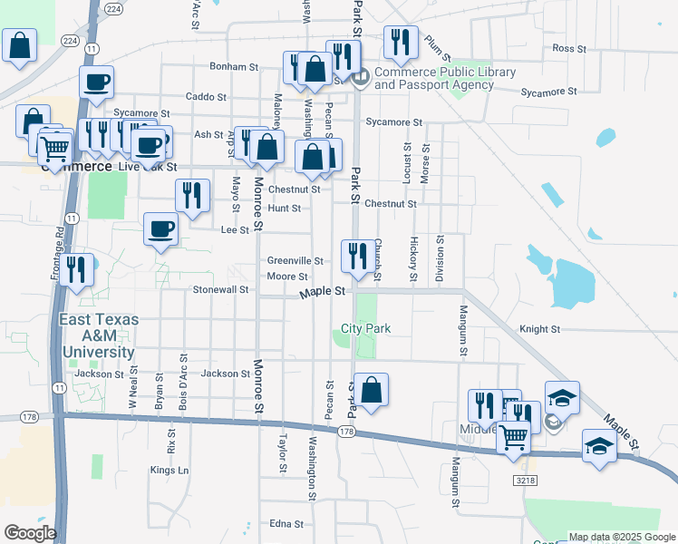 map of restaurants, bars, coffee shops, grocery stores, and more near 2007 Pecan Street in Commerce