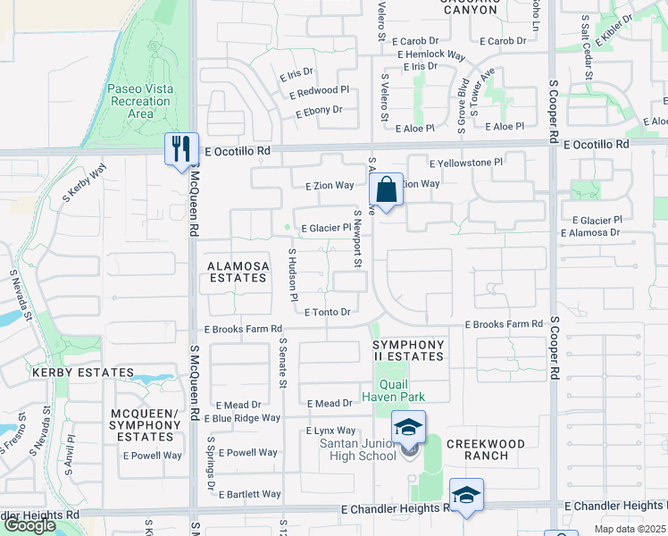 map of restaurants, bars, coffee shops, grocery stores, and more near 1430 East Coconino Drive in Chandler