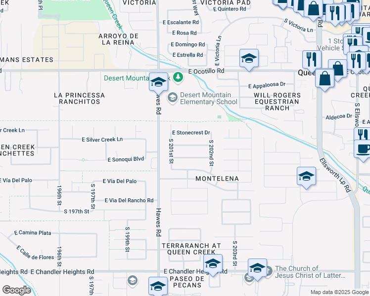 map of restaurants, bars, coffee shops, grocery stores, and more near 20137 East Silver Creek Lane in Queen Creek