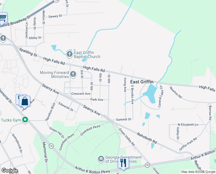map of restaurants, bars, coffee shops, grocery stores, and more near 34 Cherokee Avenue in Griffin
