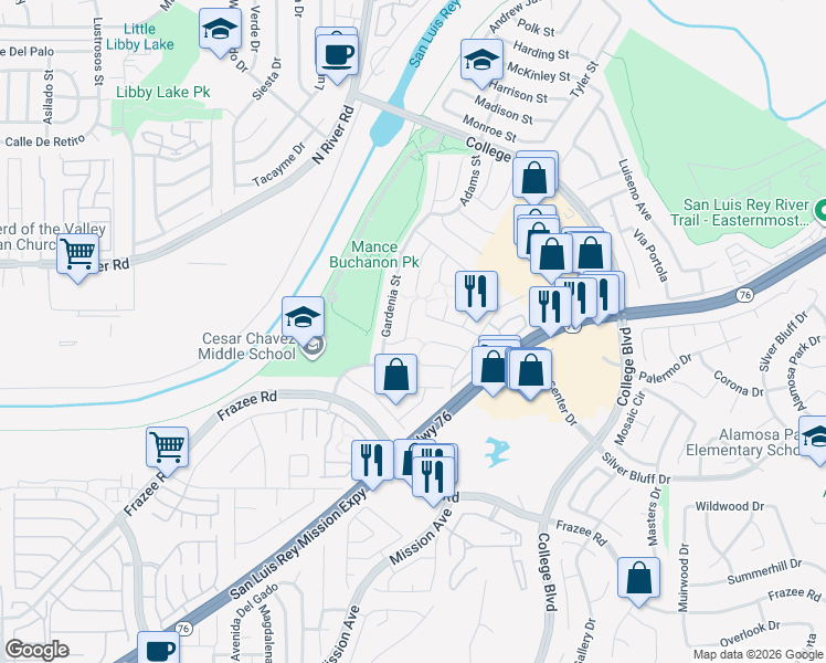 map of restaurants, bars, coffee shops, grocery stores, and more near 4745 Sequoia Place in Oceanside