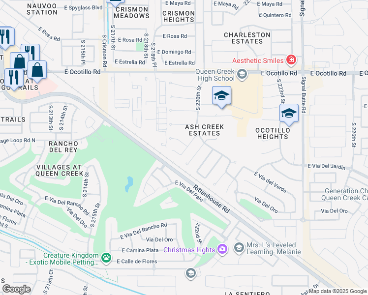 map of restaurants, bars, coffee shops, grocery stores, and more near 21949 East Stone Crest Court in Queen Creek