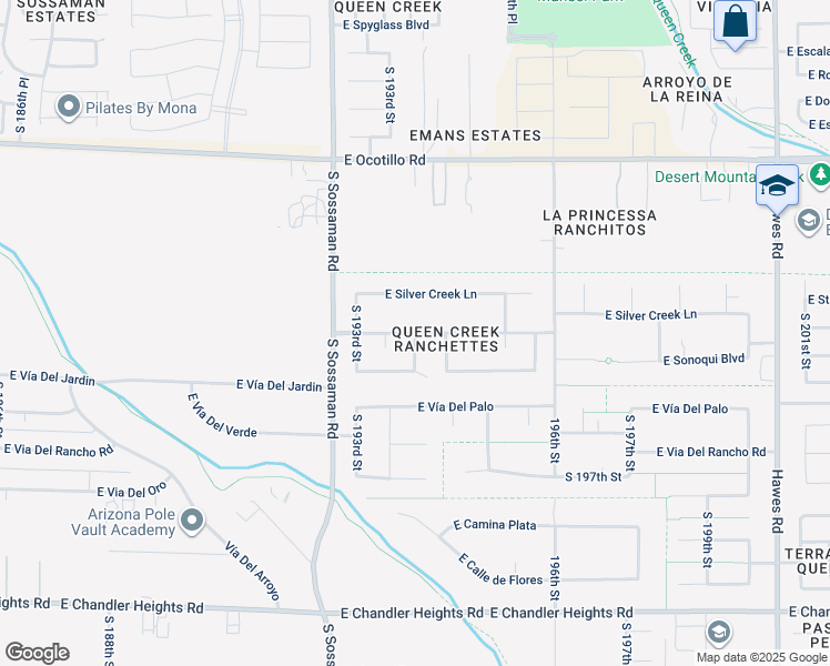 map of restaurants, bars, coffee shops, grocery stores, and more near South 194th Street in Queen Creek