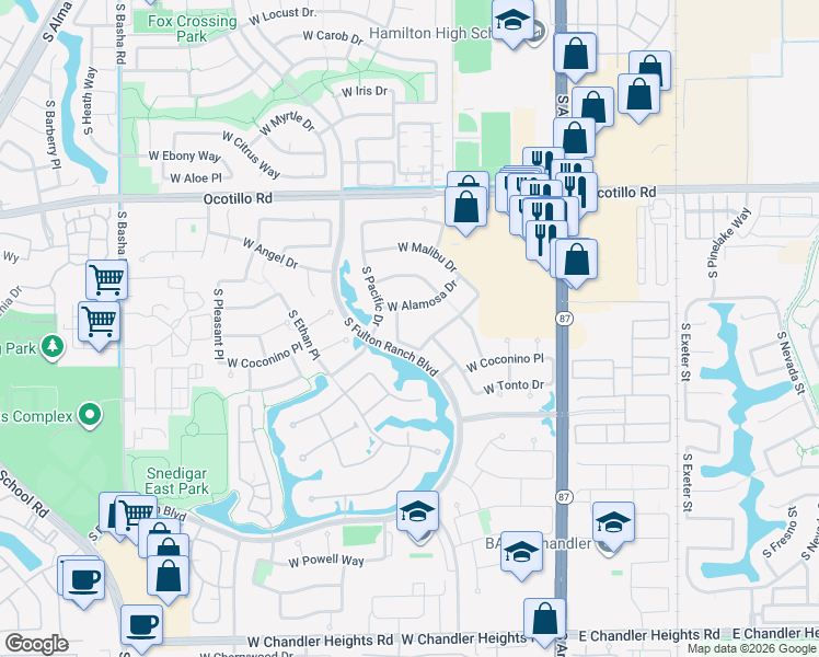 map of restaurants, bars, coffee shops, grocery stores, and more near 4291 South Iowa Street in Chandler