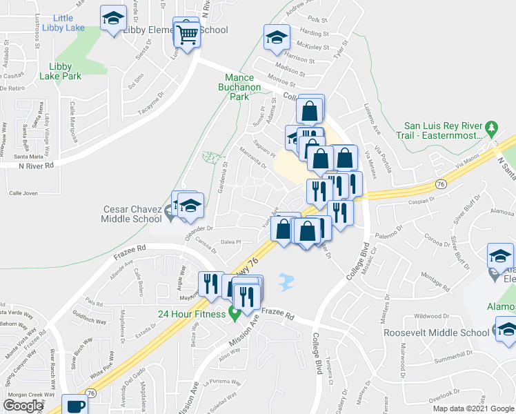 map of restaurants, bars, coffee shops, grocery stores, and more near 242 Flame Tree Place in Oceanside