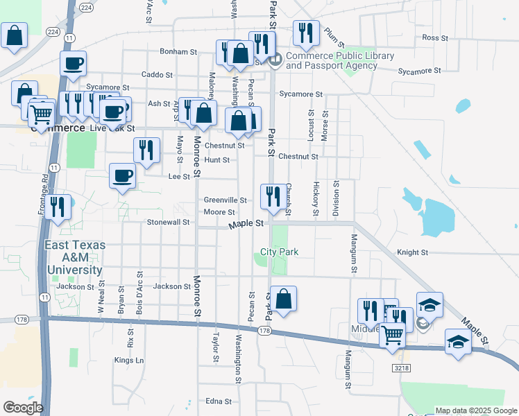 map of restaurants, bars, coffee shops, grocery stores, and more near 2007 Pecan Street in Commerce