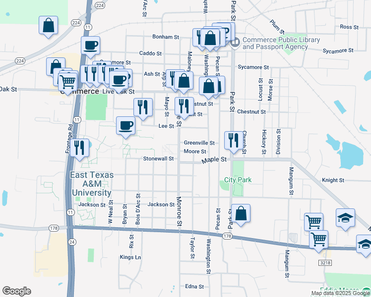 map of restaurants, bars, coffee shops, grocery stores, and more near 1406 Moore St in Commerce