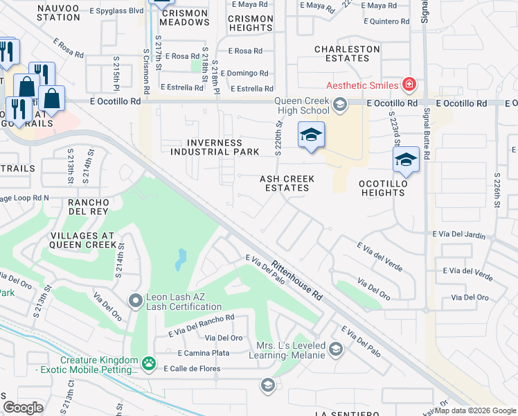 map of restaurants, bars, coffee shops, grocery stores, and more near 22251 East Stone Crest Court in Queen Creek