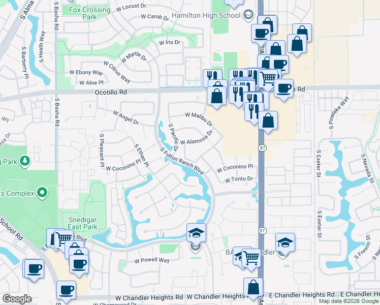 map of restaurants, bars, coffee shops, grocery stores, and more near 4291 South Iowa Street in Chandler