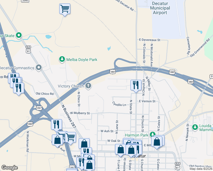 map of restaurants, bars, coffee shops, grocery stores, and more near 380 Emmacall Court in Decatur