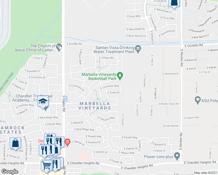 map of restaurants, bars, coffee shops, grocery stores, and more near 3511 East Coconino Way in Gilbert
