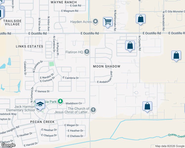 map of restaurants, bars, coffee shops, grocery stores, and more near 40092 North Thoroughbred Way in San Tan Valley