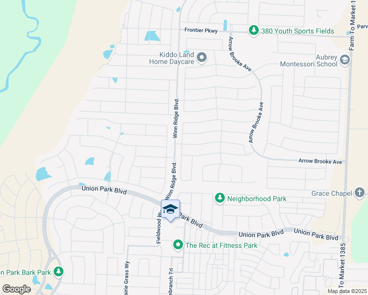 map of restaurants, bars, coffee shops, grocery stores, and more near Byran Road in Aubrey