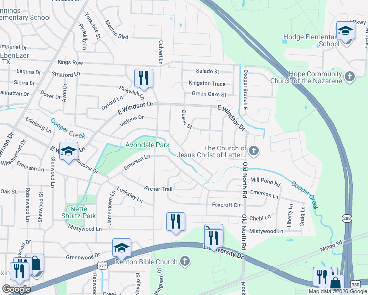 map of restaurants, bars, coffee shops, grocery stores, and more near 3102 Broken Arrow Road in Denton
