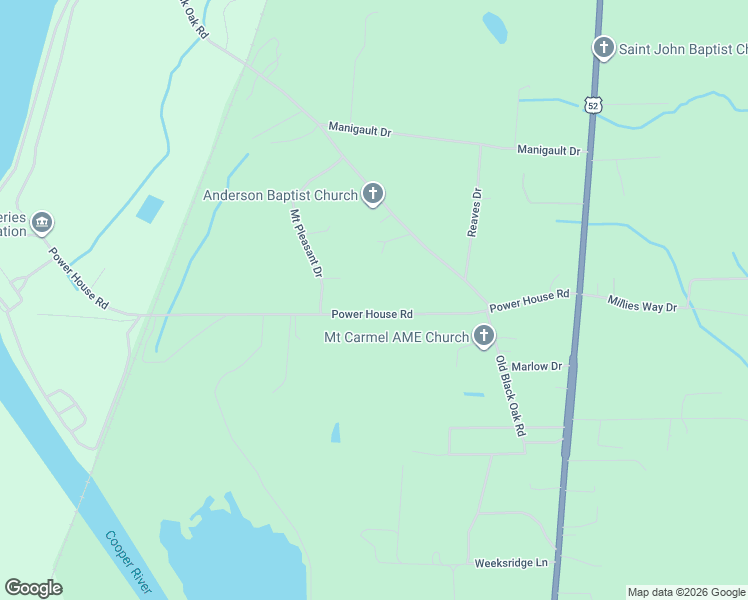 map of restaurants, bars, coffee shops, grocery stores, and more near 258 Power House Road in Moncks Corner